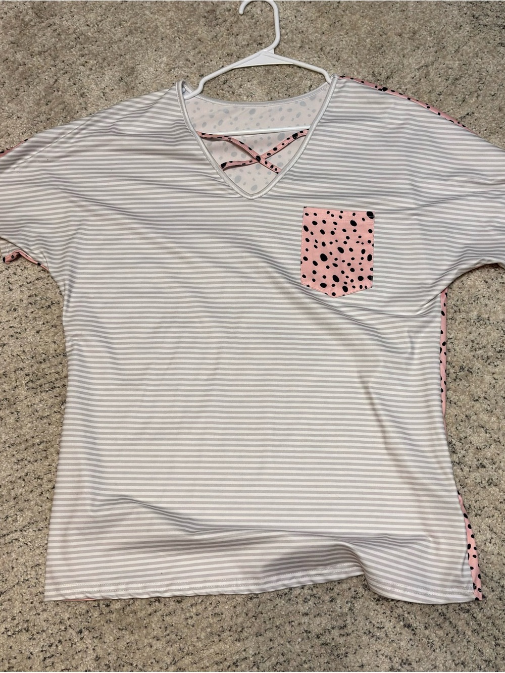 Striped V-Neck Tee with Pink Spot Pocket and Crisscross Detail